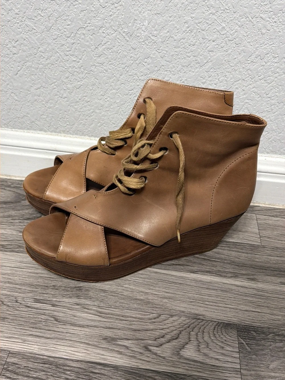 H By Hudson Tan Lace-Up Peep-Toe Wedge Sandals